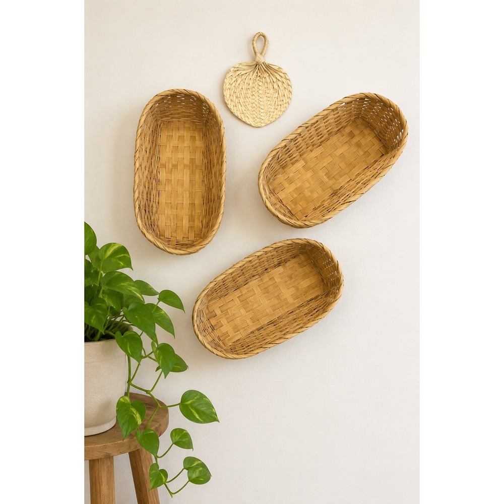 Handwoven Wicker Basket Set Oval Boho Wall Decor Natural Rattan Cottagecore